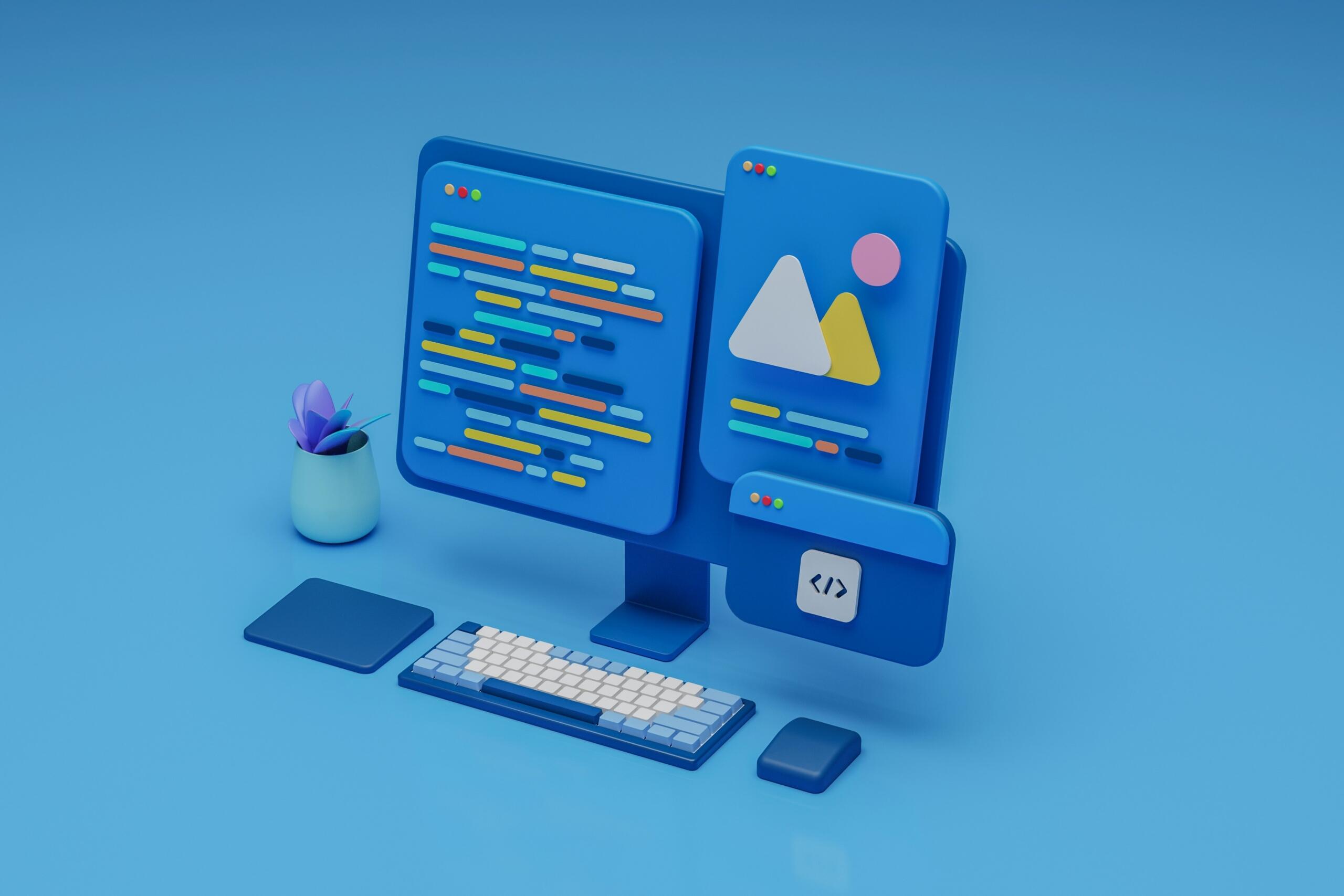 Illustration numérique d'un PC sur fond bleu.