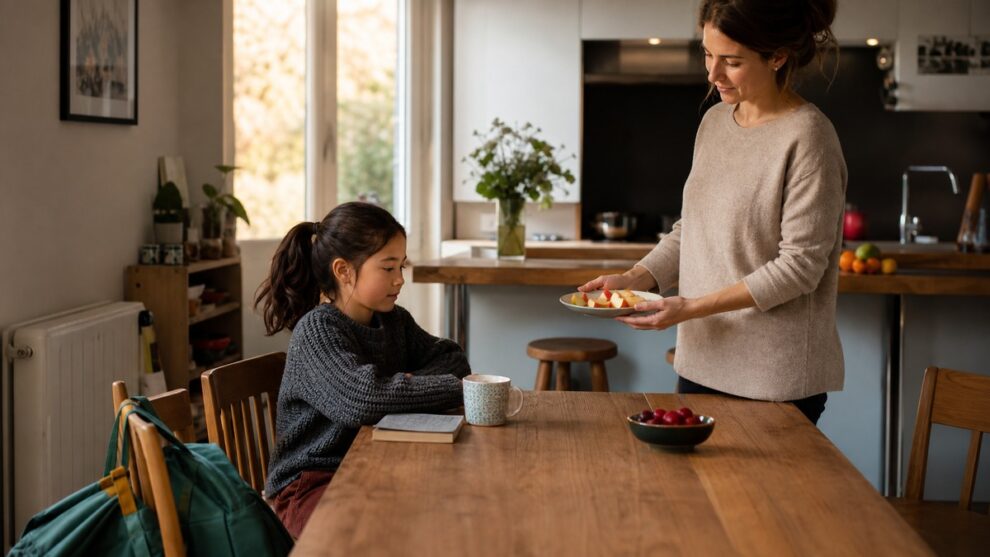 Un parent et un enfant échangeant calmement autour d’un goûter après l’école